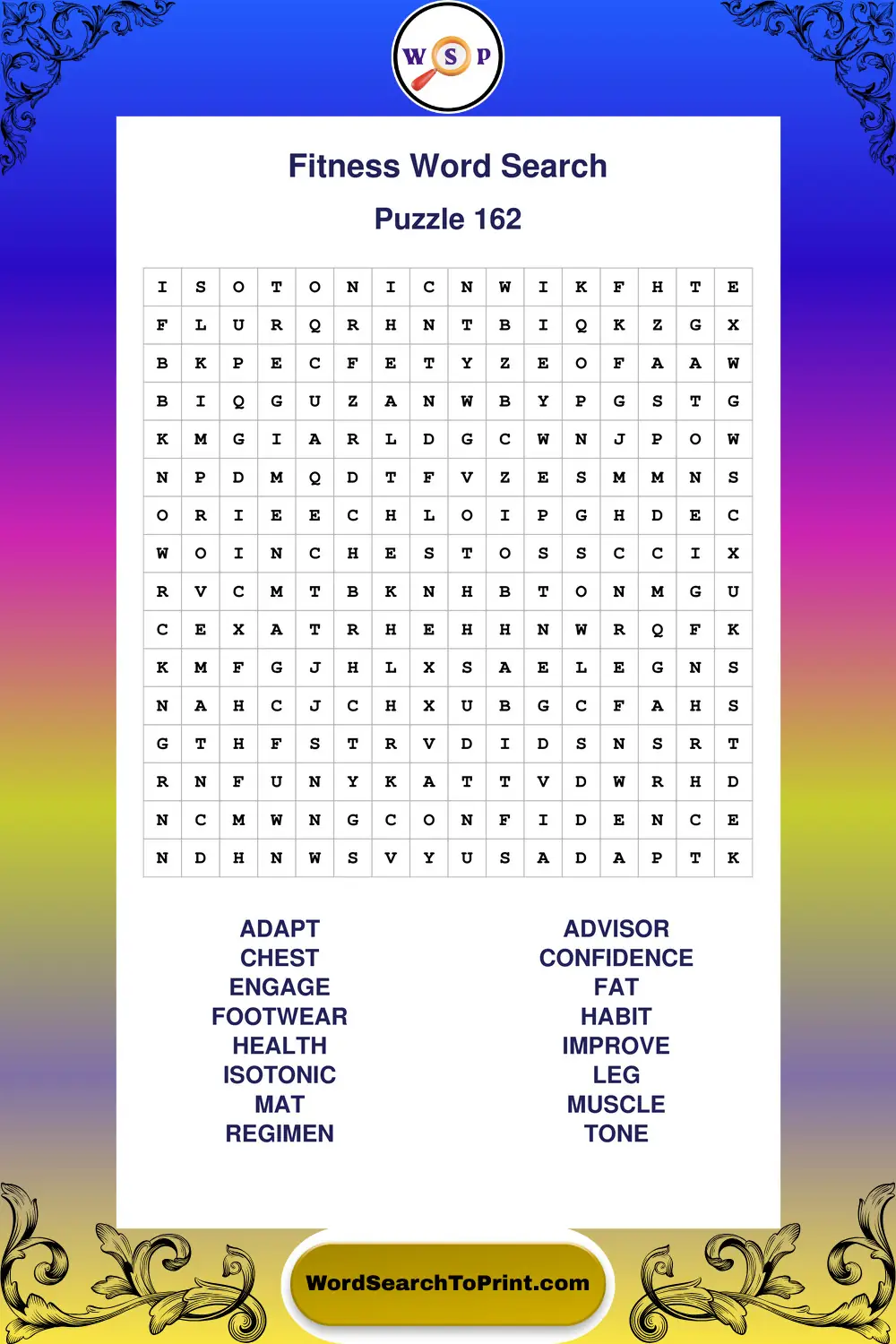 Fitness Word Search Puzzle 162