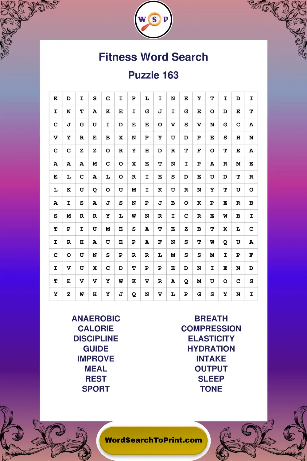Fitness Word Search Puzzle 163