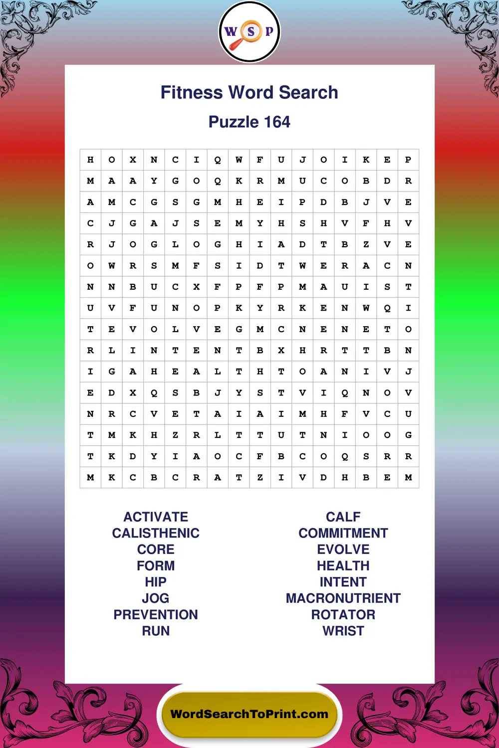 Fitness Word Search Puzzle 164