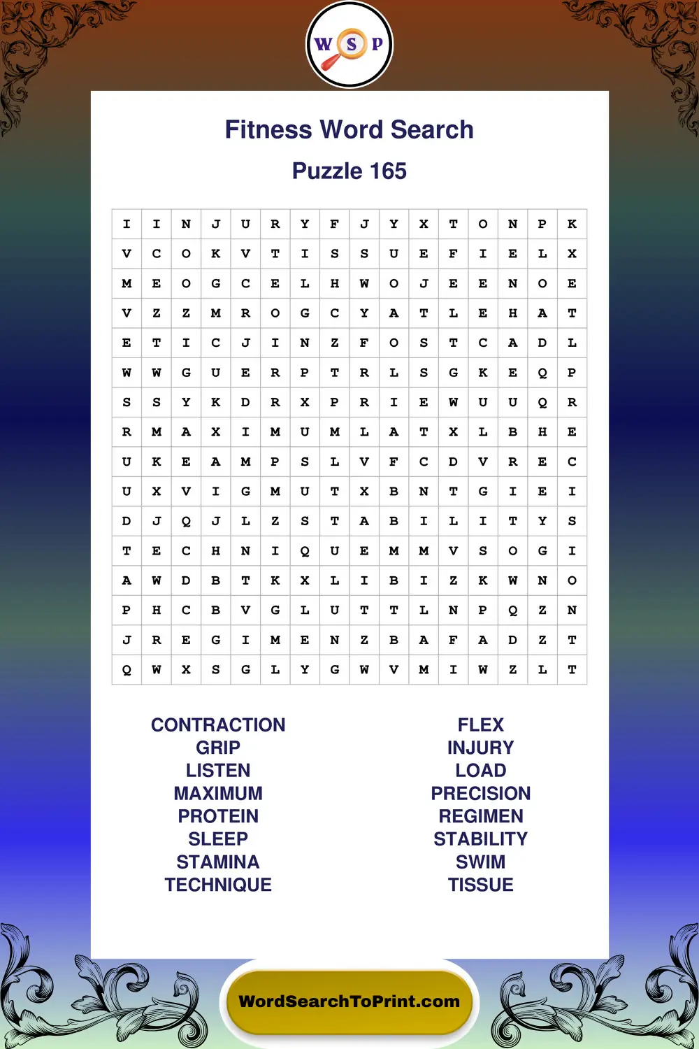 Fitness Word Search Puzzle 165