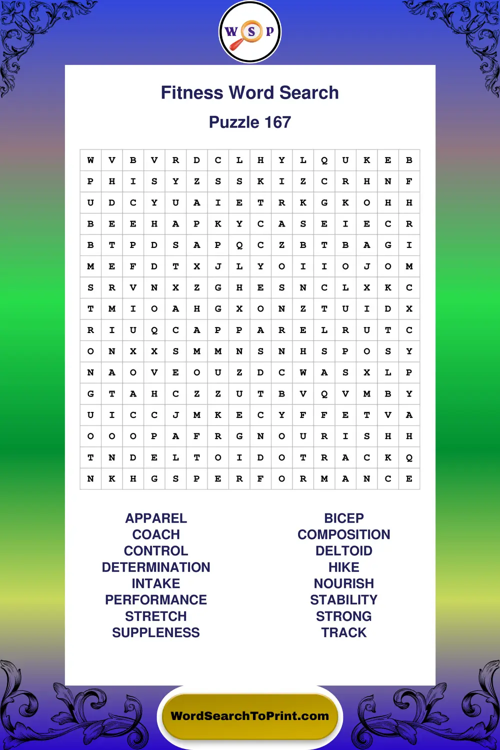 Fitness Word Search Puzzle 167