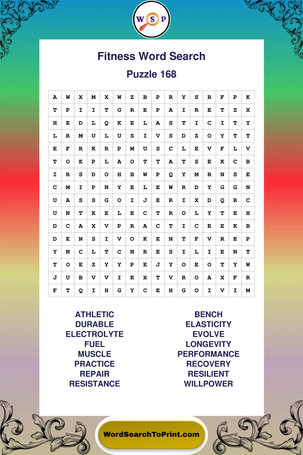 Fitness Word Search Puzzle 168