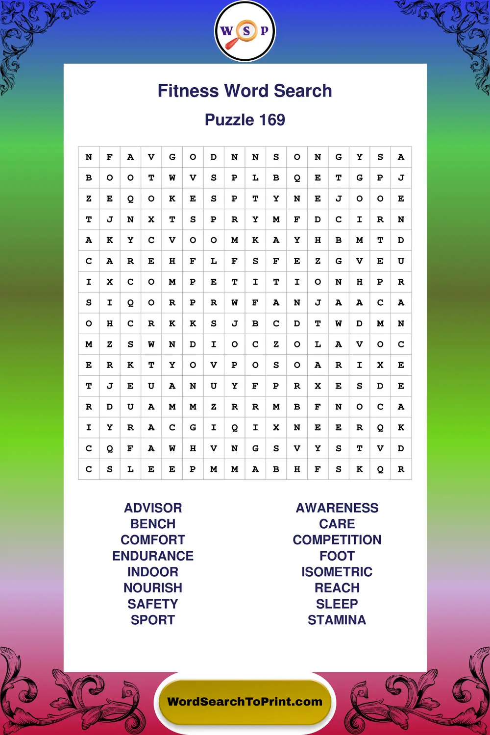 Fitness Word Search Puzzle 169
