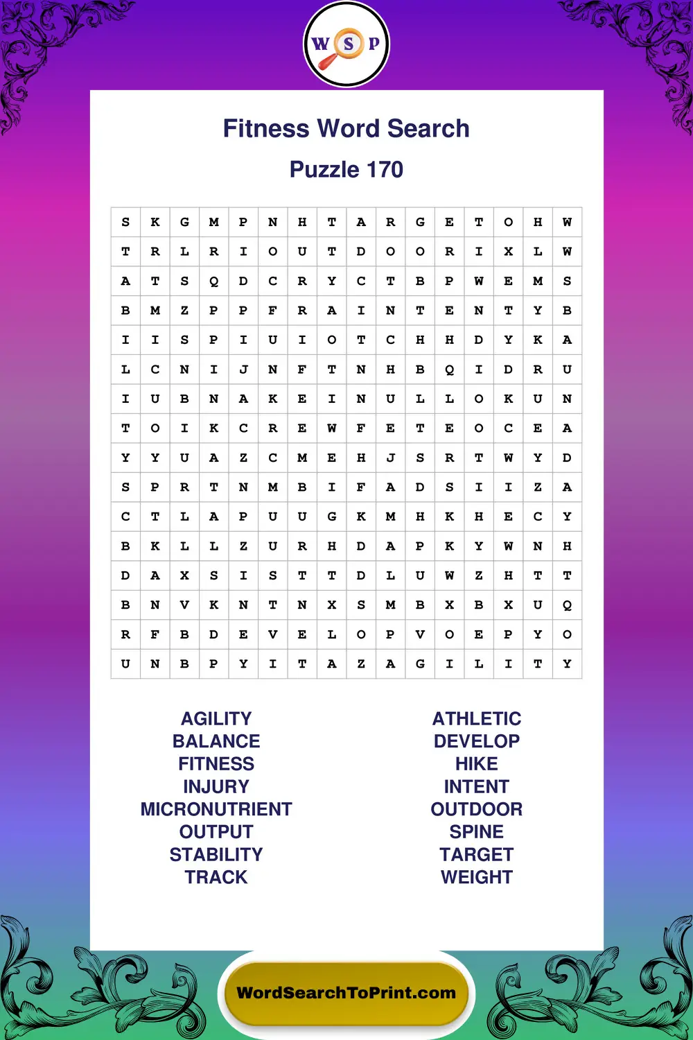 Fitness Word Search Puzzle 170
