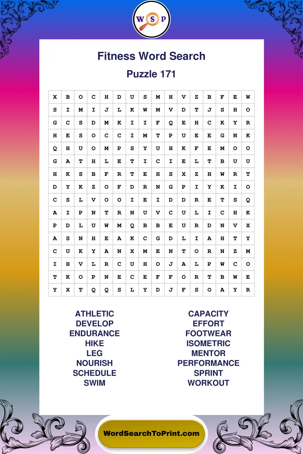 Fitness Word Search Puzzle 171