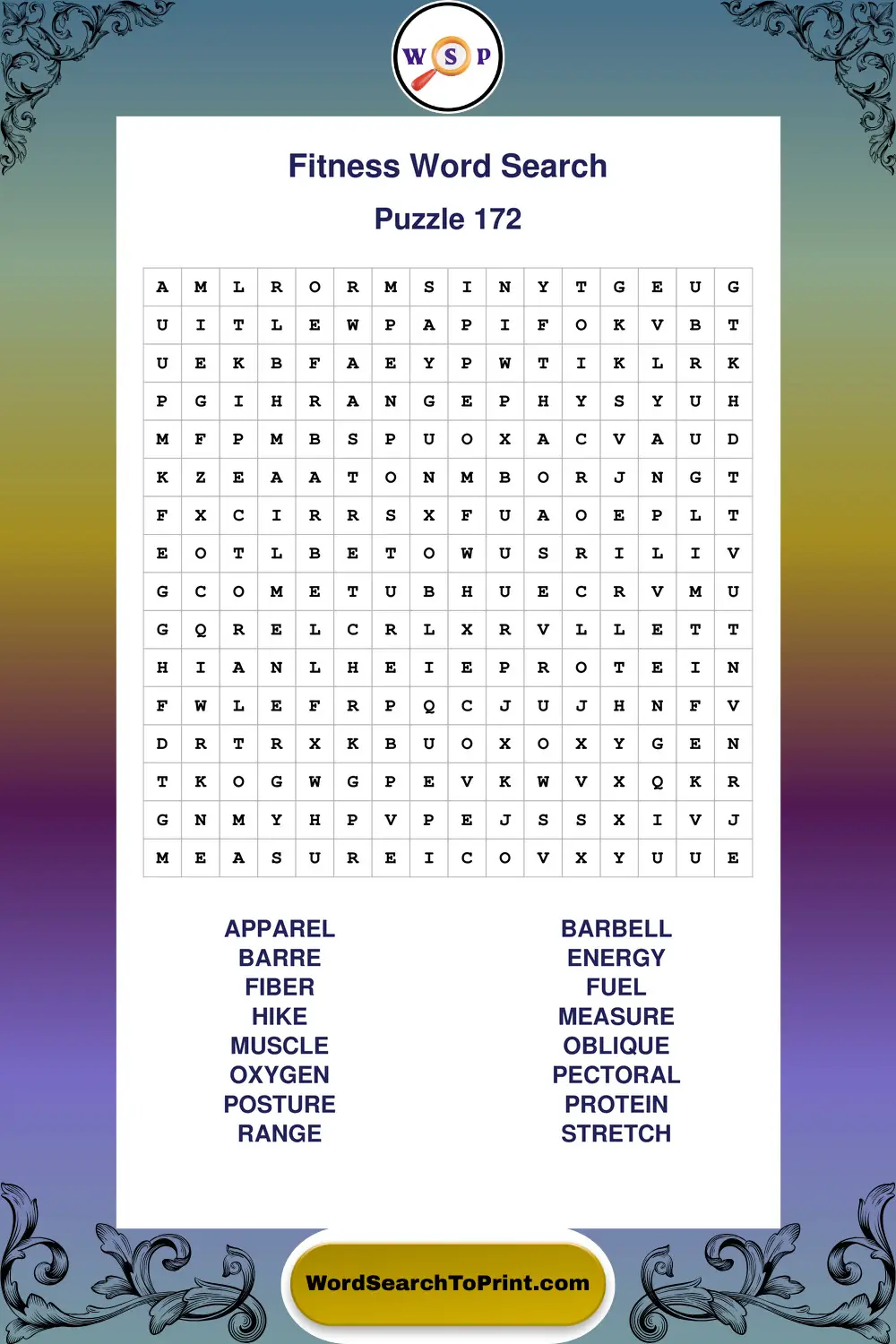 Fitness Word Search Puzzle 172