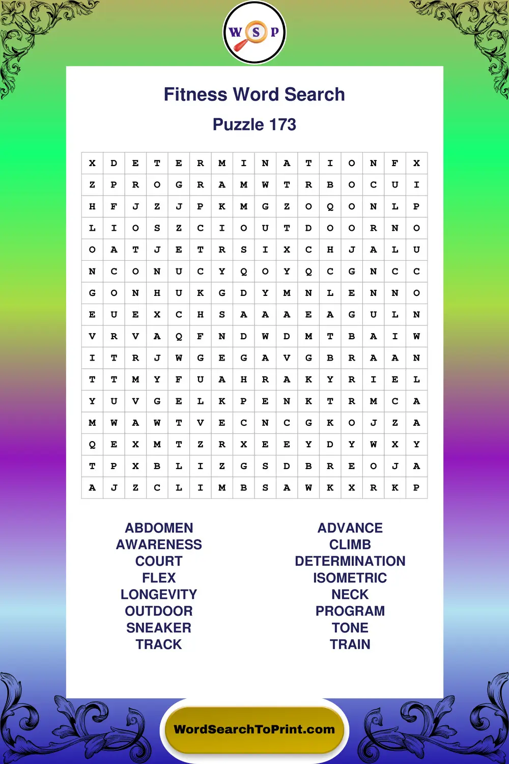Fitness Word Search Puzzle 173