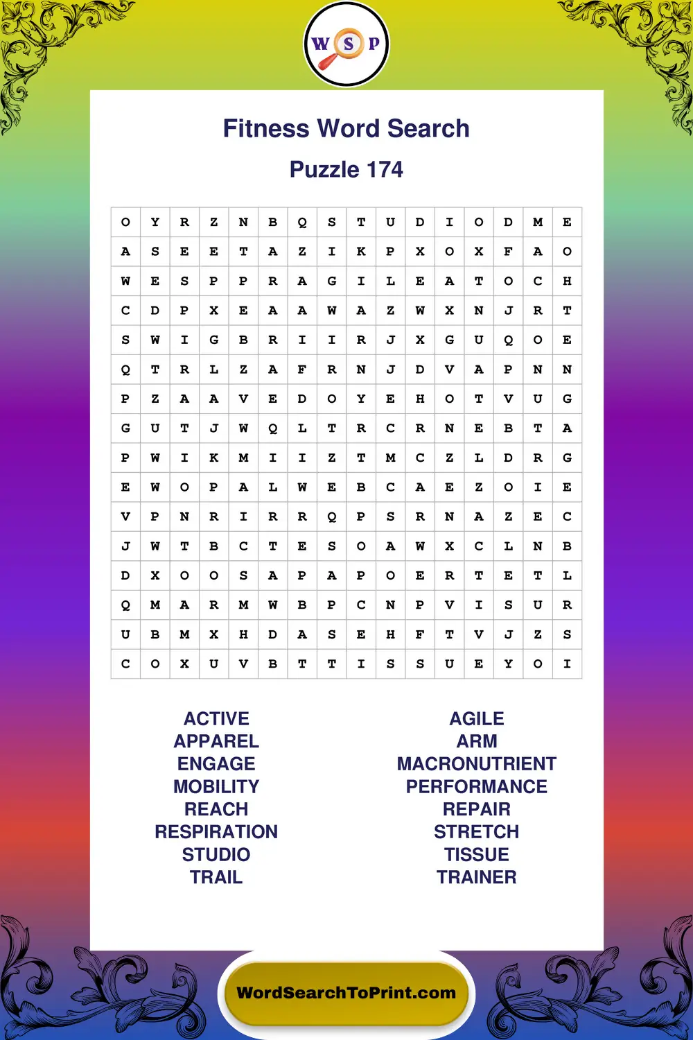 Fitness Word Search Puzzle 174