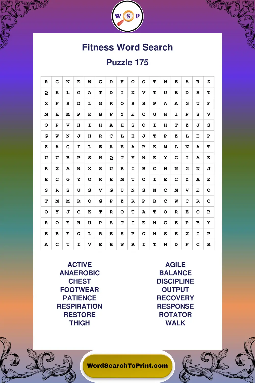 Fitness Word Search Puzzle 175