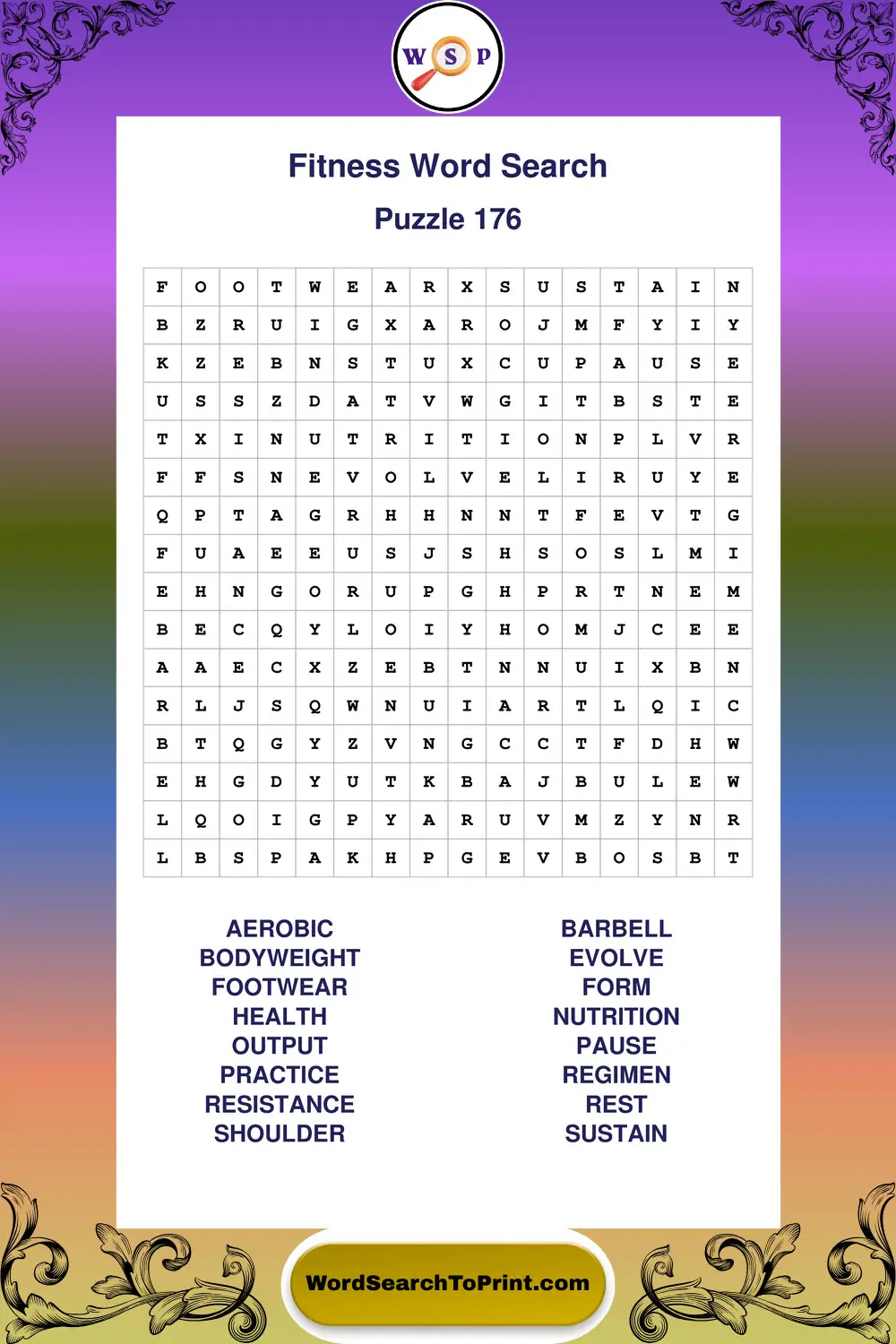 Fitness Word Search Puzzle 176