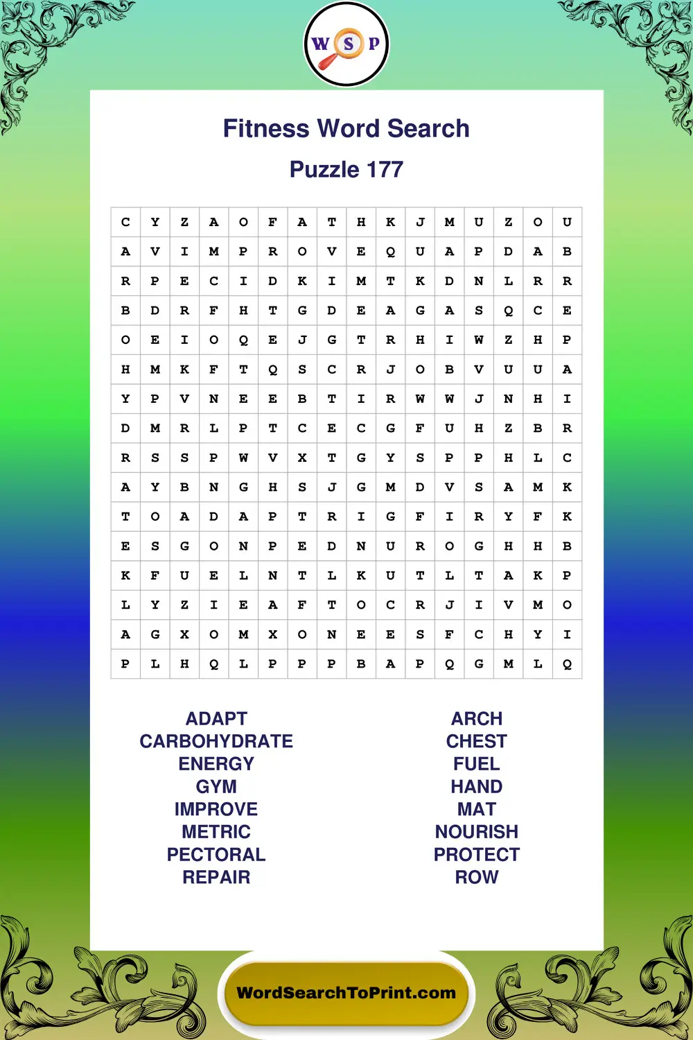 Fitness Word Search Puzzle 177