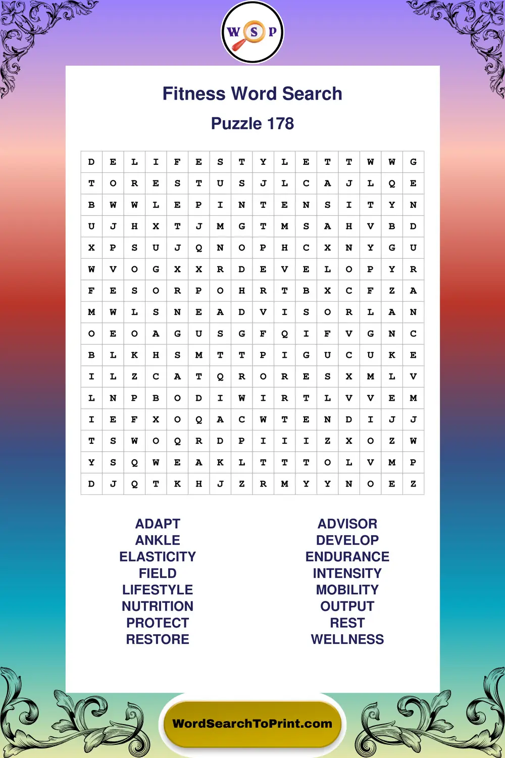 Fitness Word Search Puzzle 178
