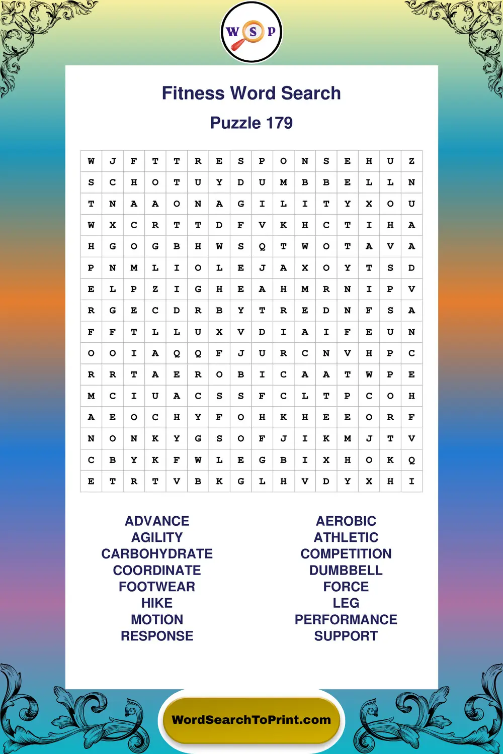 Fitness Word Search Puzzle 179