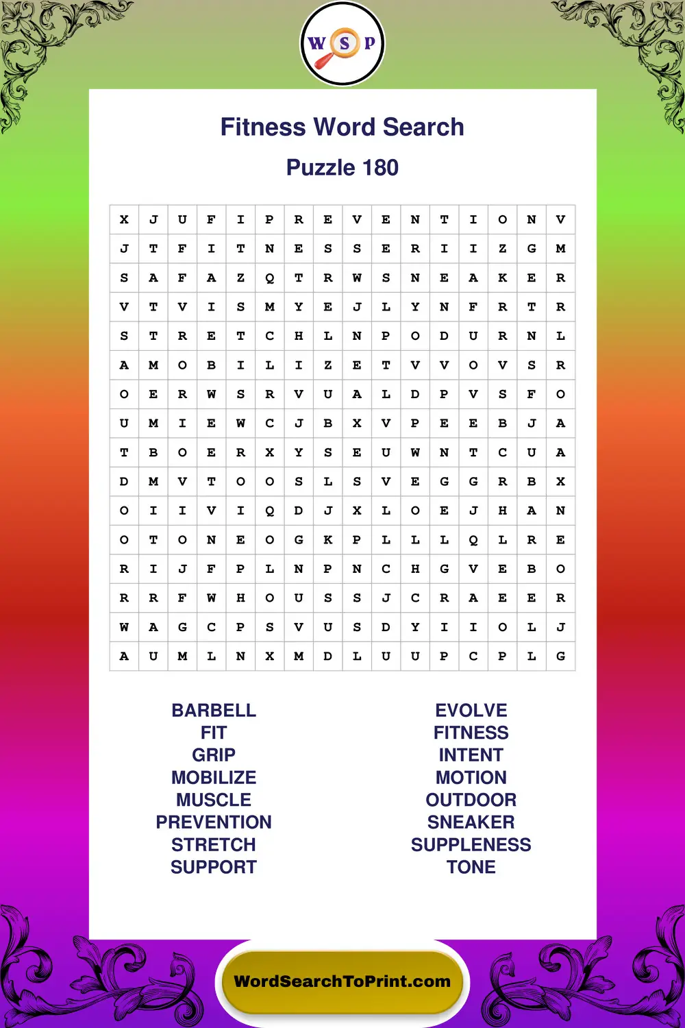 Fitness Word Search Puzzle 180