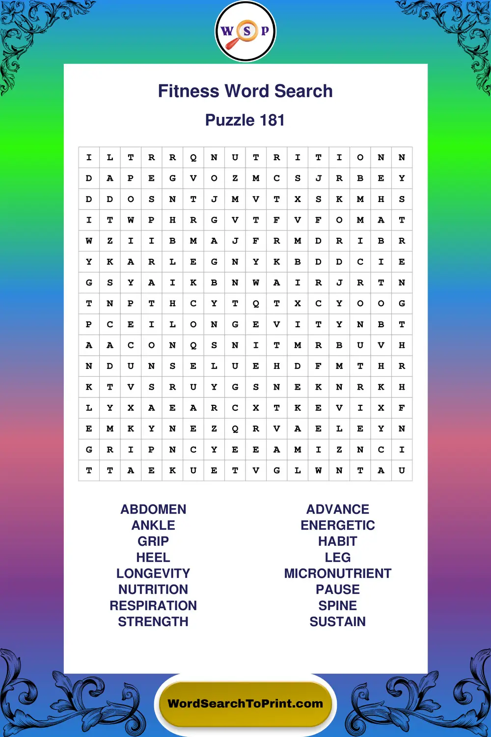 Fitness Word Search Puzzle 181