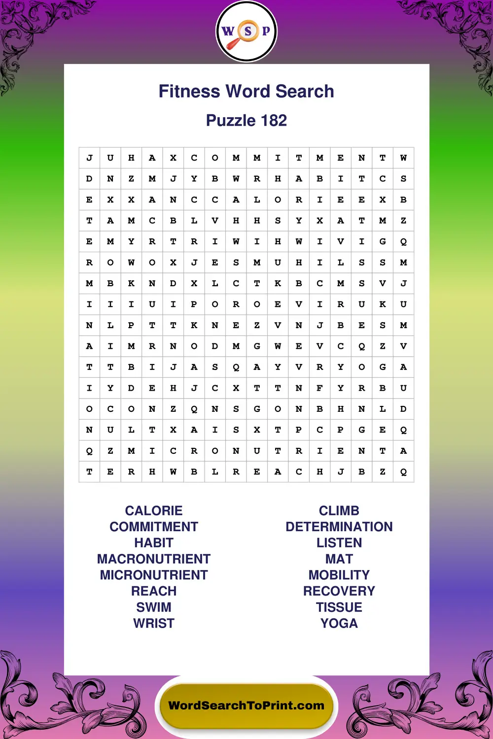 Fitness Word Search Puzzle 182