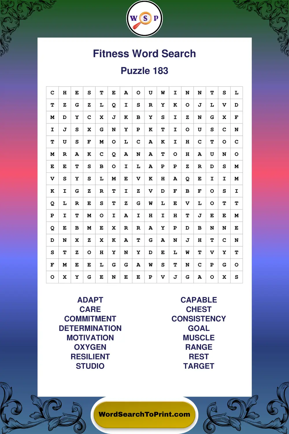 Fitness Word Search Puzzle 183
