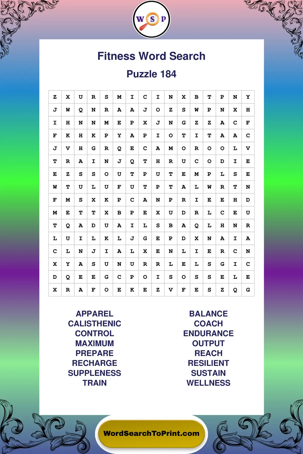 Fitness Word Search Puzzle 184