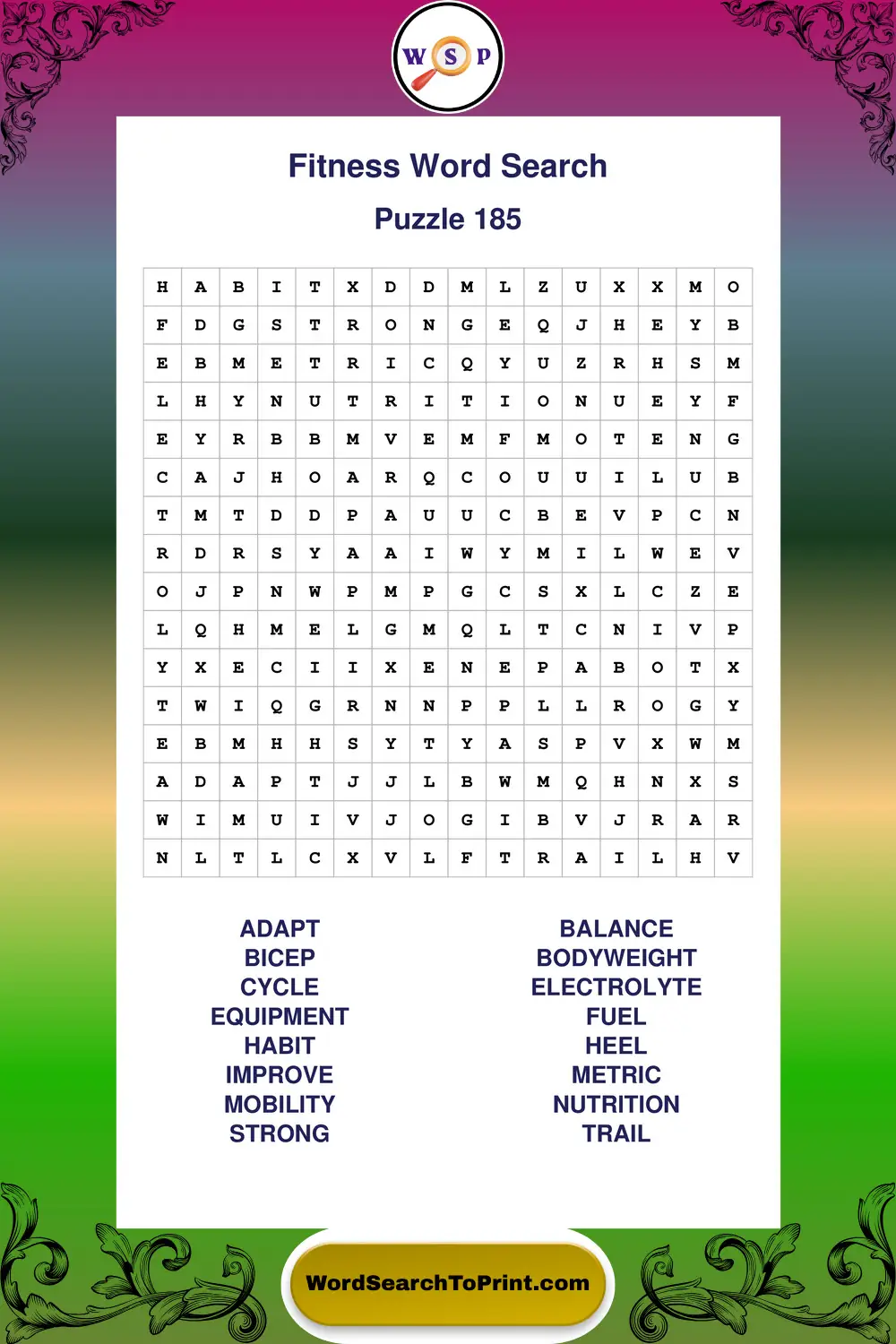 Fitness Word Search Puzzle 185