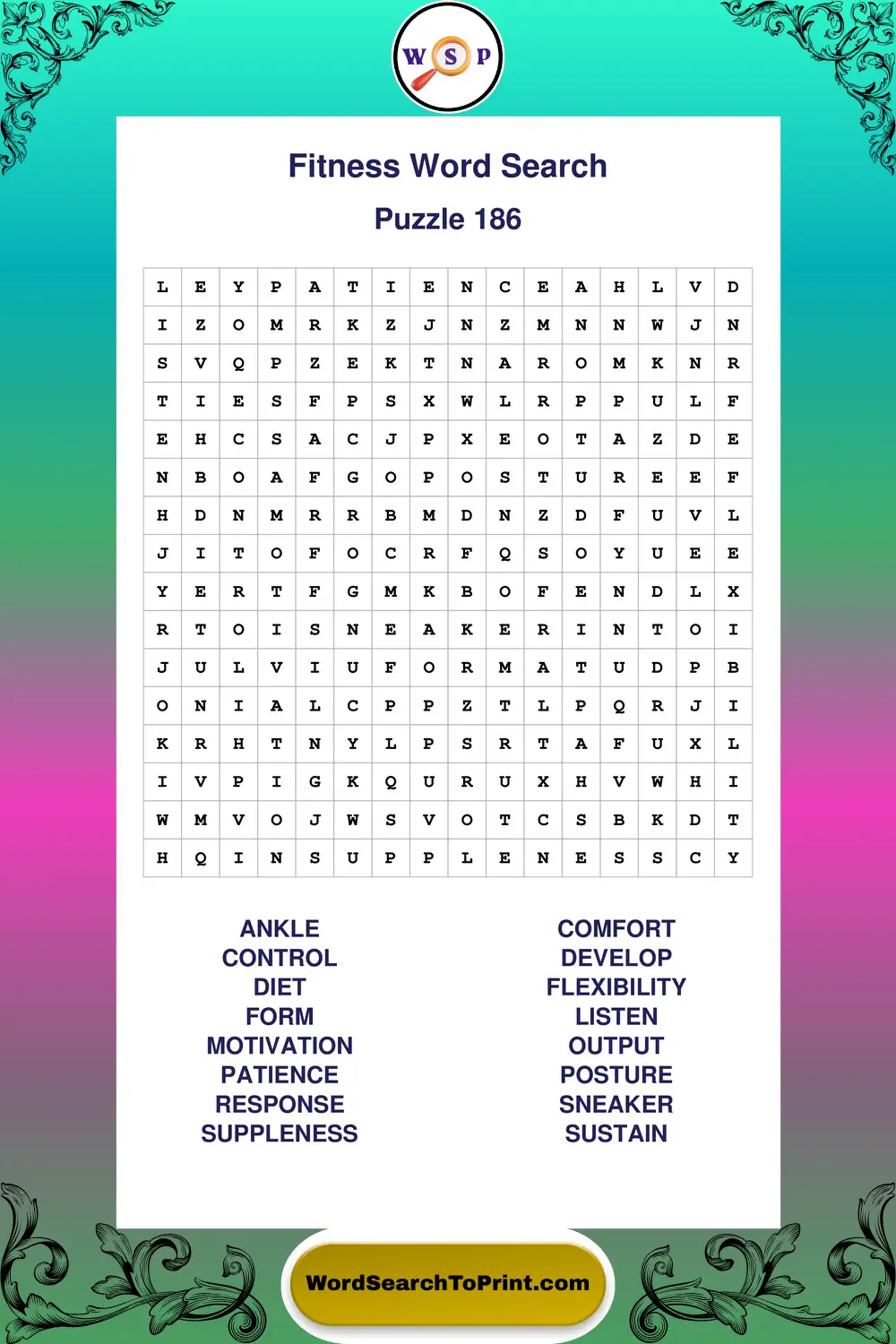 Fitness Word Search Puzzle 186