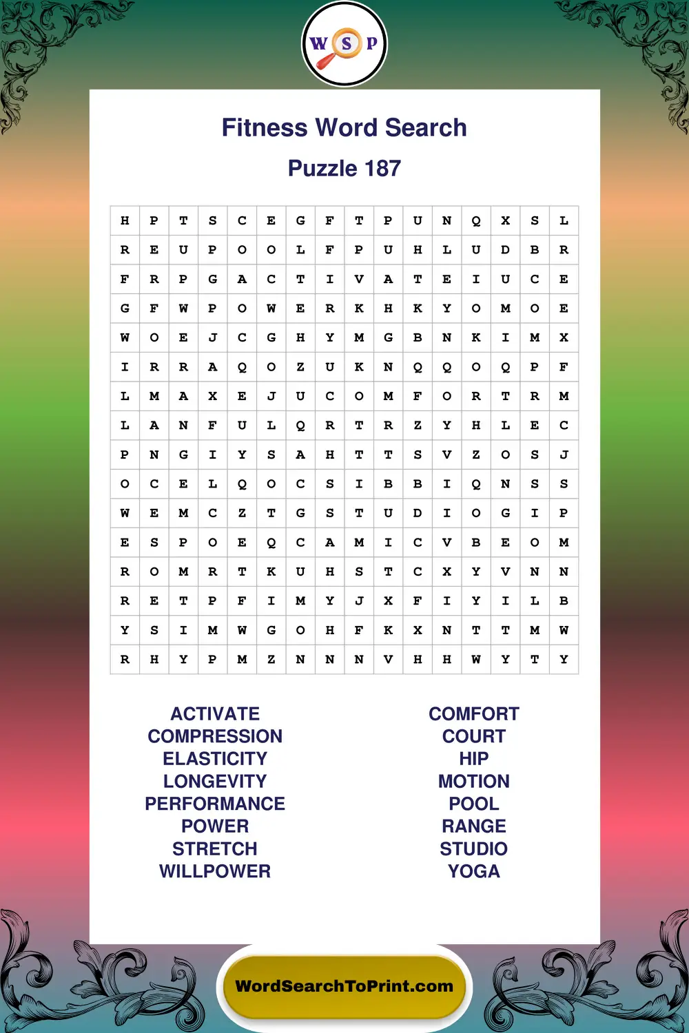 Fitness Word Search Puzzle 187