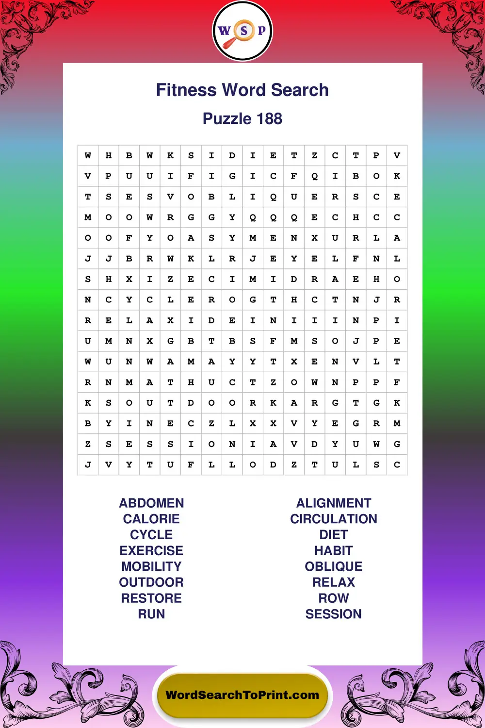 Fitness Word Search Puzzle 188