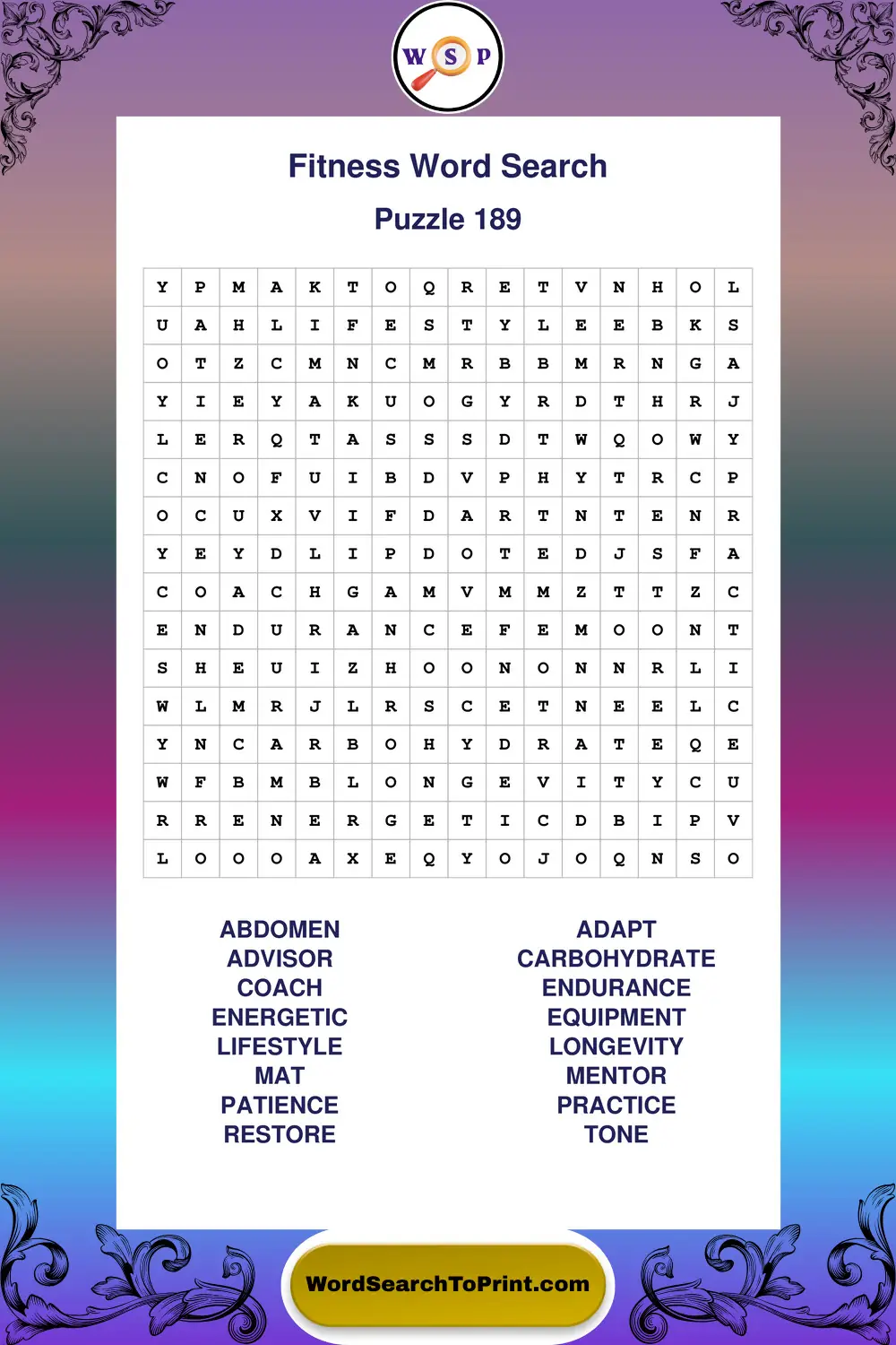 Fitness Word Search Puzzle 189