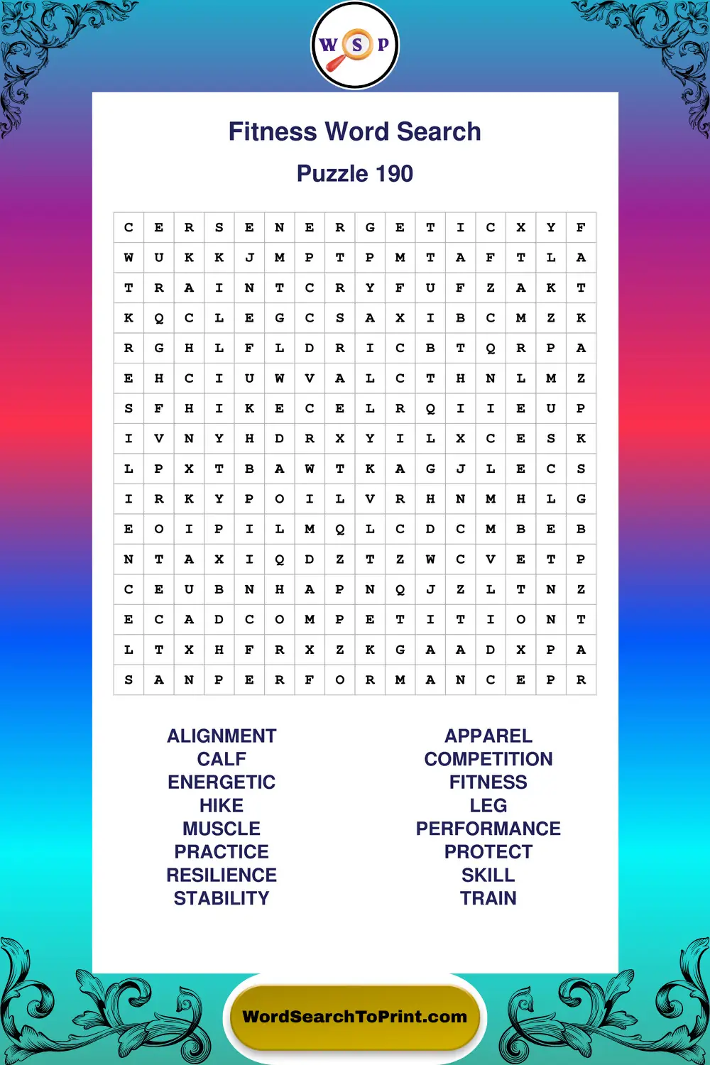 Fitness Word Search Puzzle 190