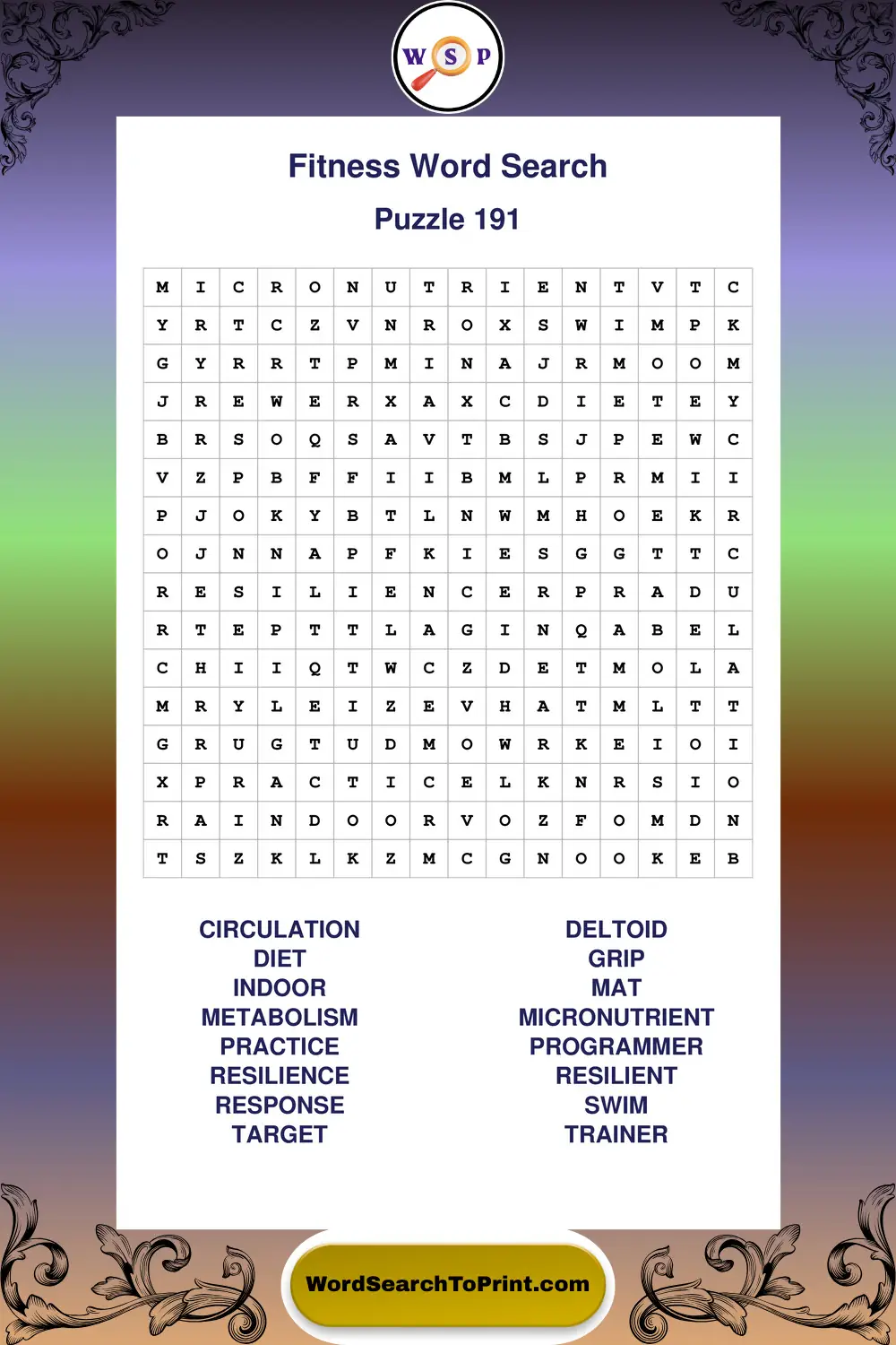 Fitness Word Search Puzzle 191
