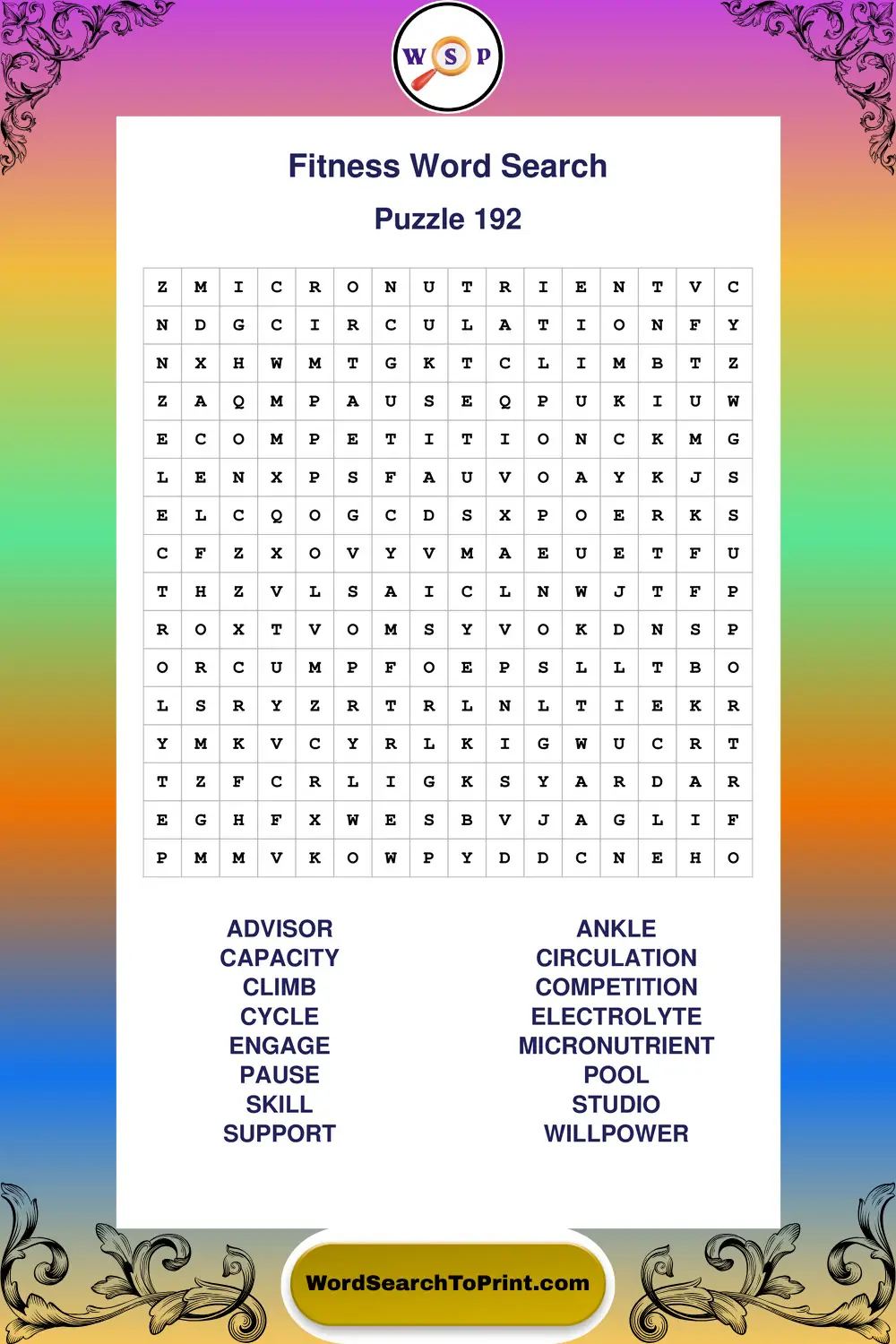 Fitness Word Search Puzzle 192
