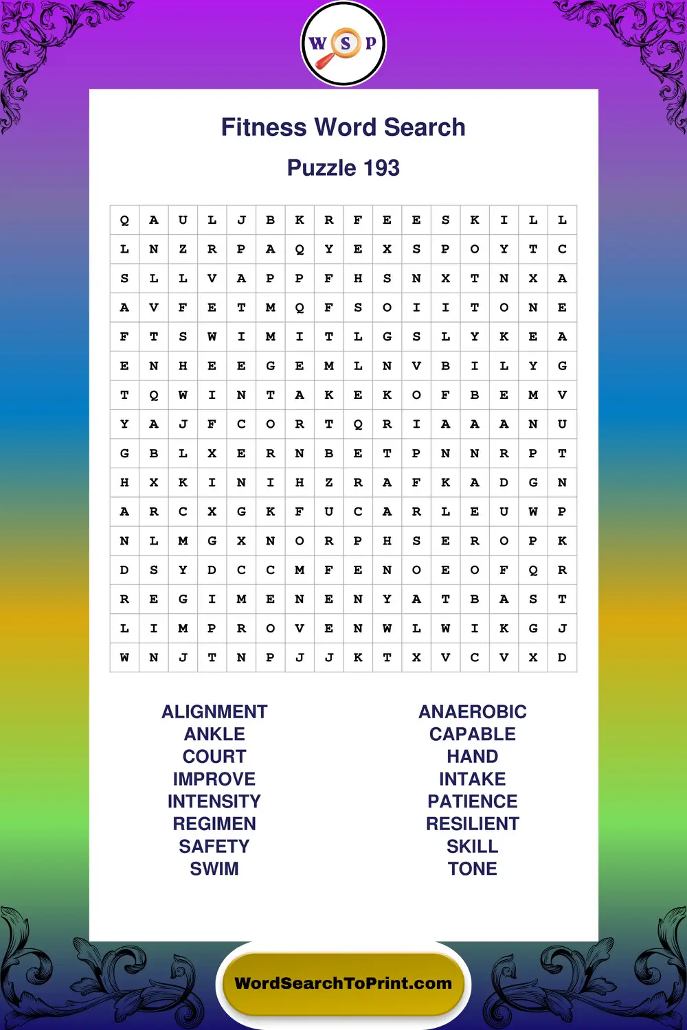 Fitness Word Search Puzzle 193