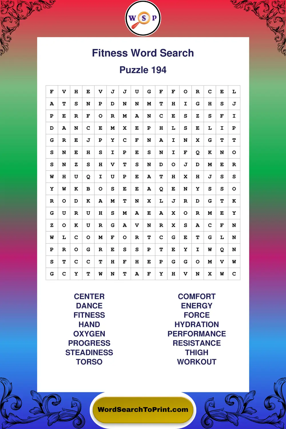 Fitness Word Search Puzzle 194