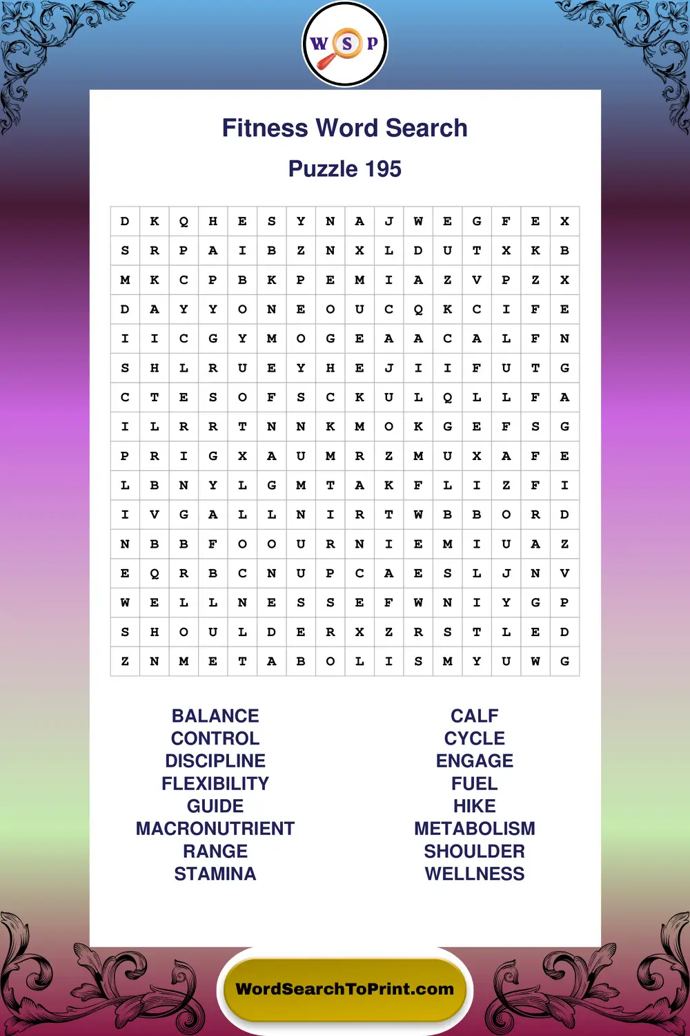 Fitness Word Search Puzzle 195
