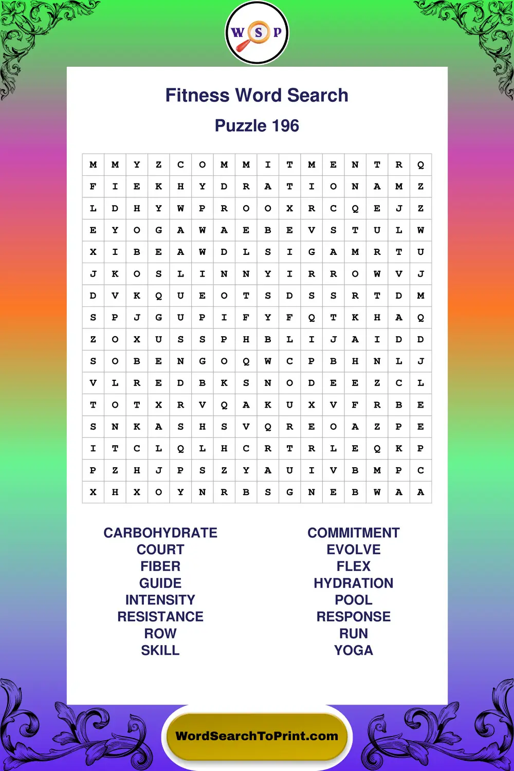 Fitness Word Search Puzzle 196