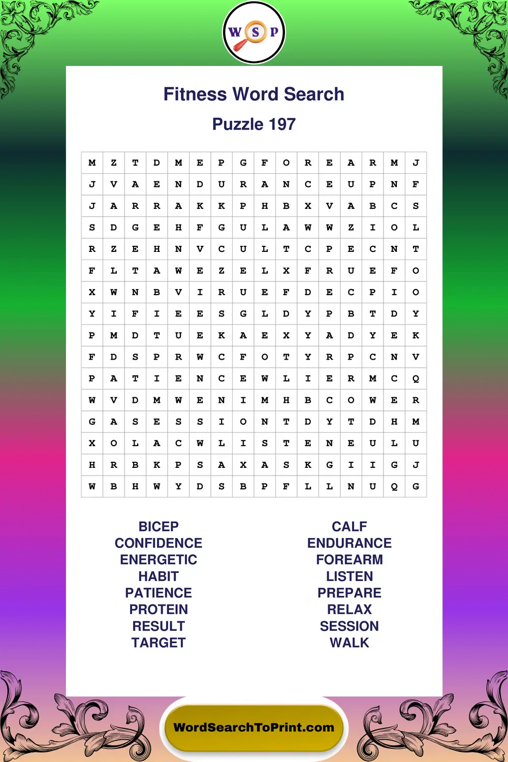 Fitness Word Search Puzzle 197