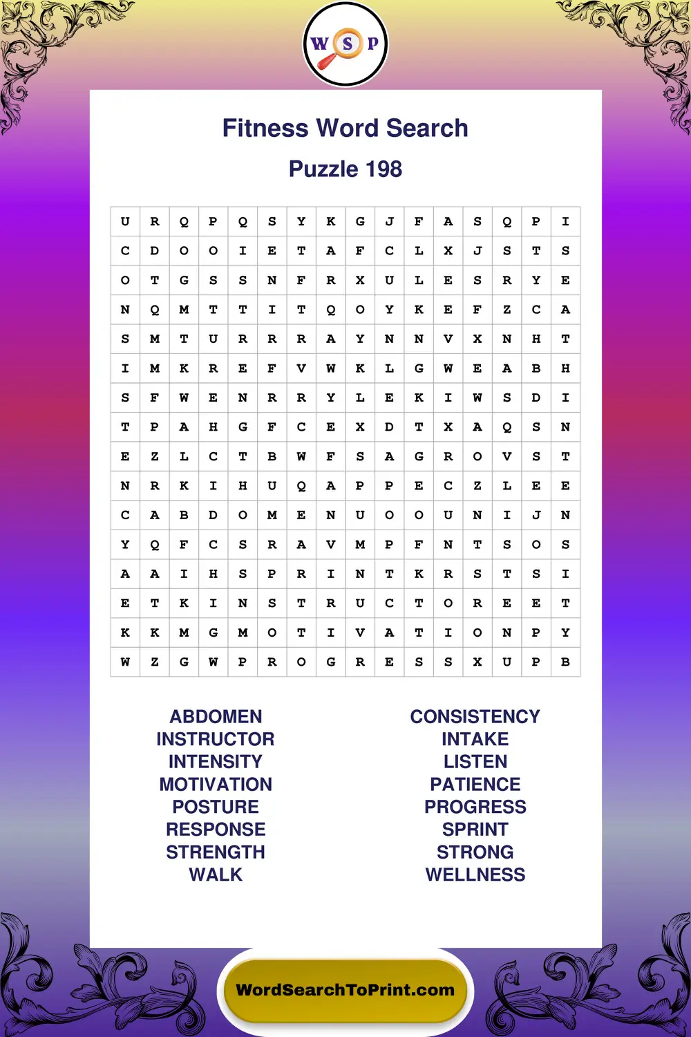 Fitness Word Search Puzzle 198