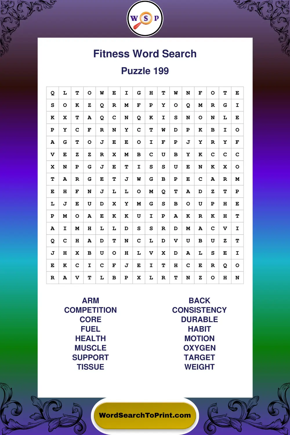 Fitness Word Search Puzzle 199