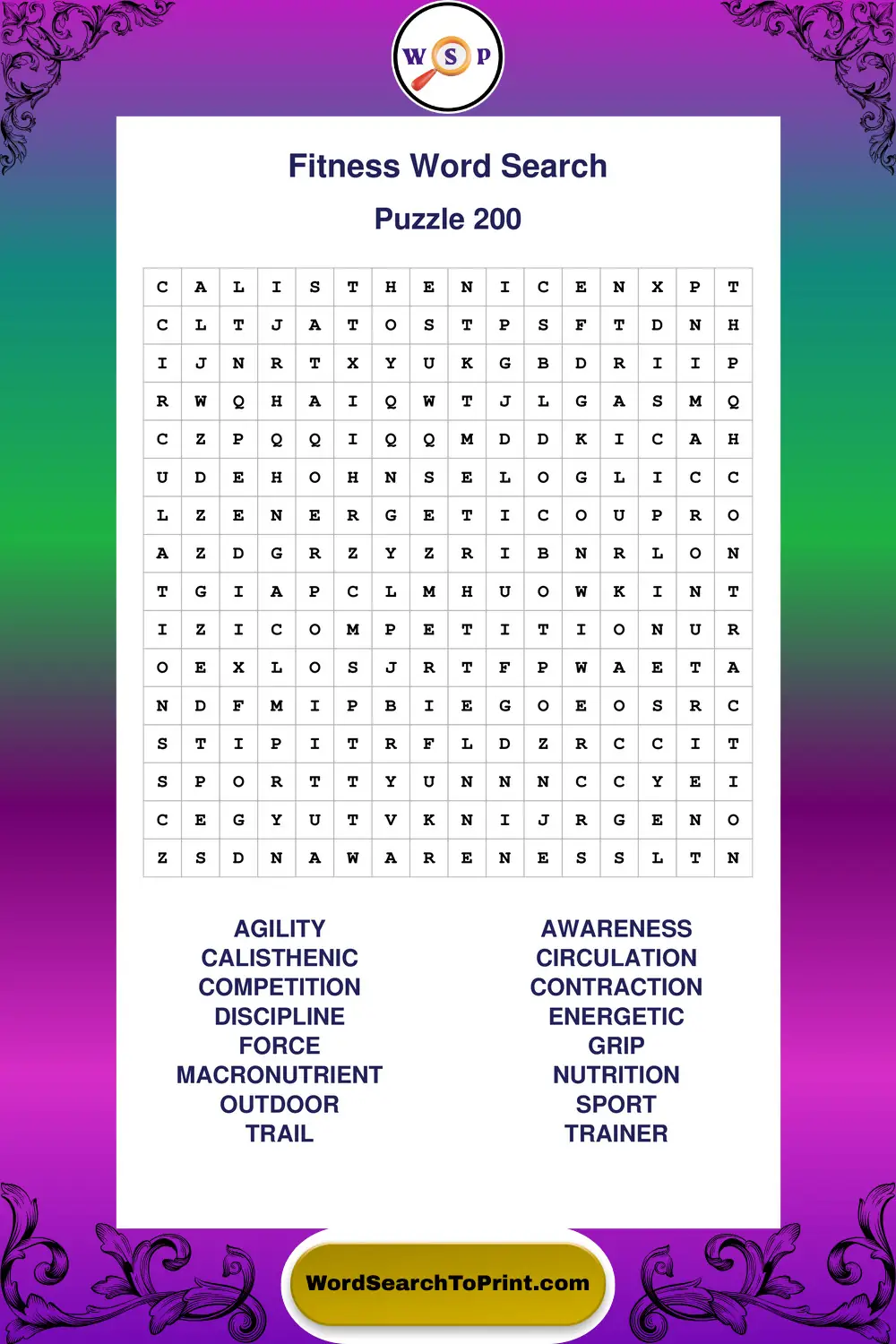 Fitness Word Search Puzzle 200
