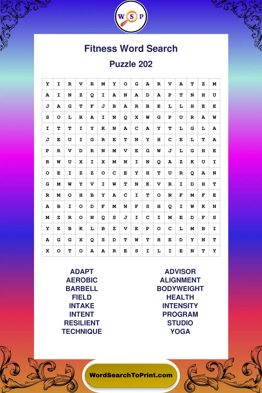 Fitness Word Search Puzzle 202