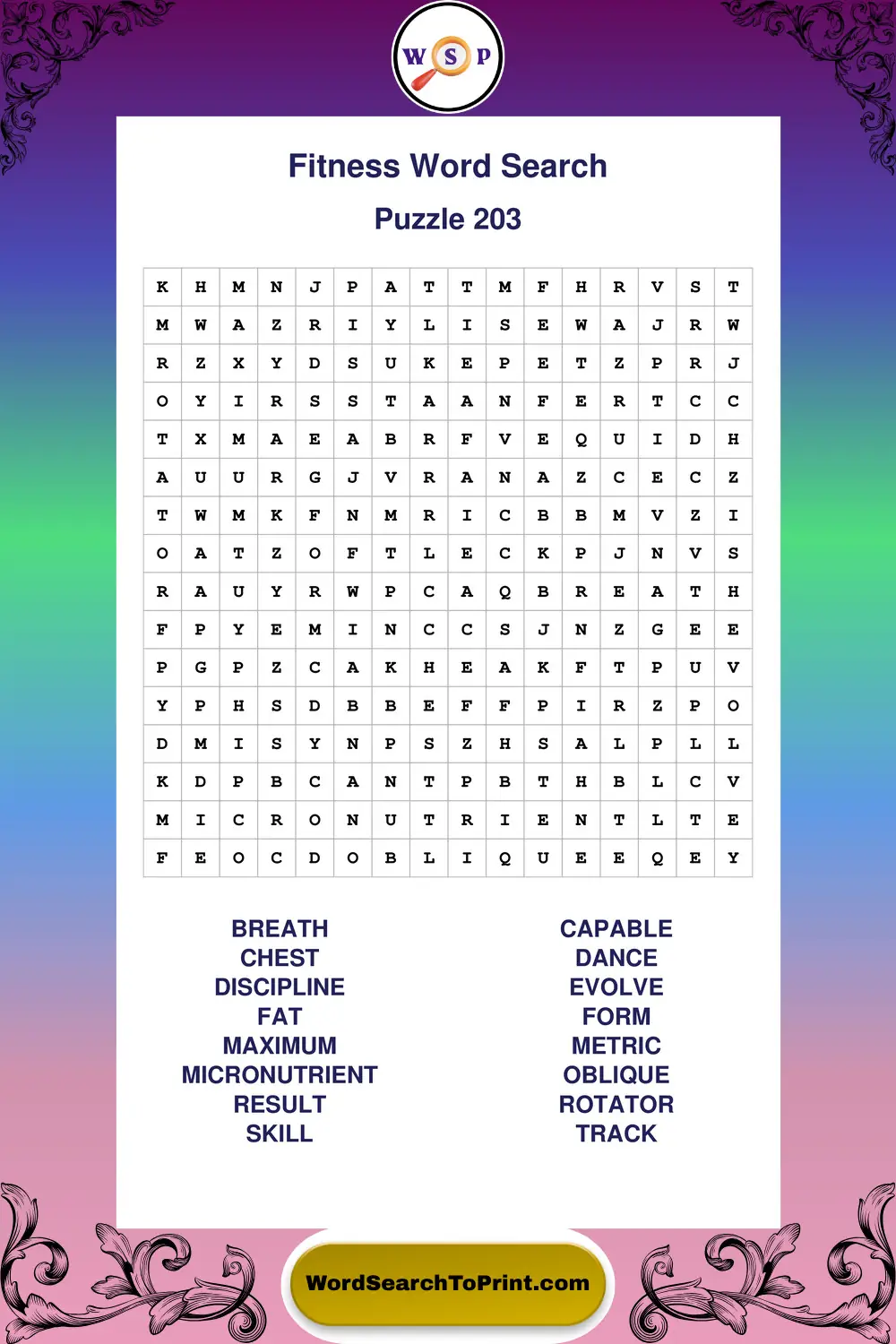 Fitness Word Search Puzzle 203