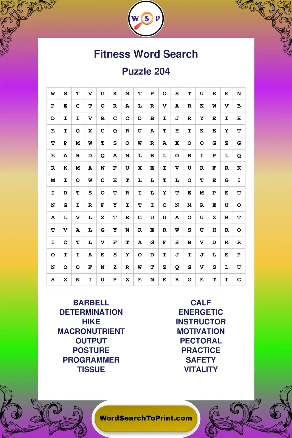 Fitness Word Search Puzzle 204