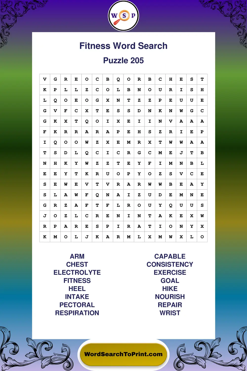 Fitness Word Search Puzzle 205