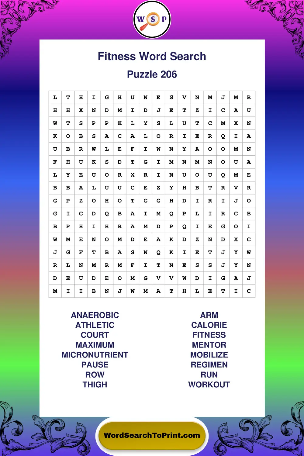 Fitness Word Search Puzzle 206