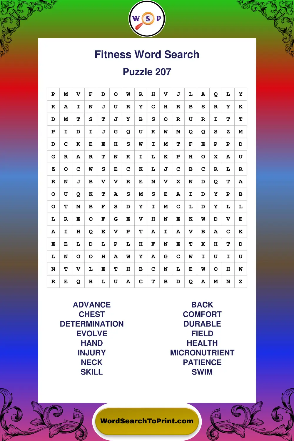 Fitness Word Search Puzzle 207