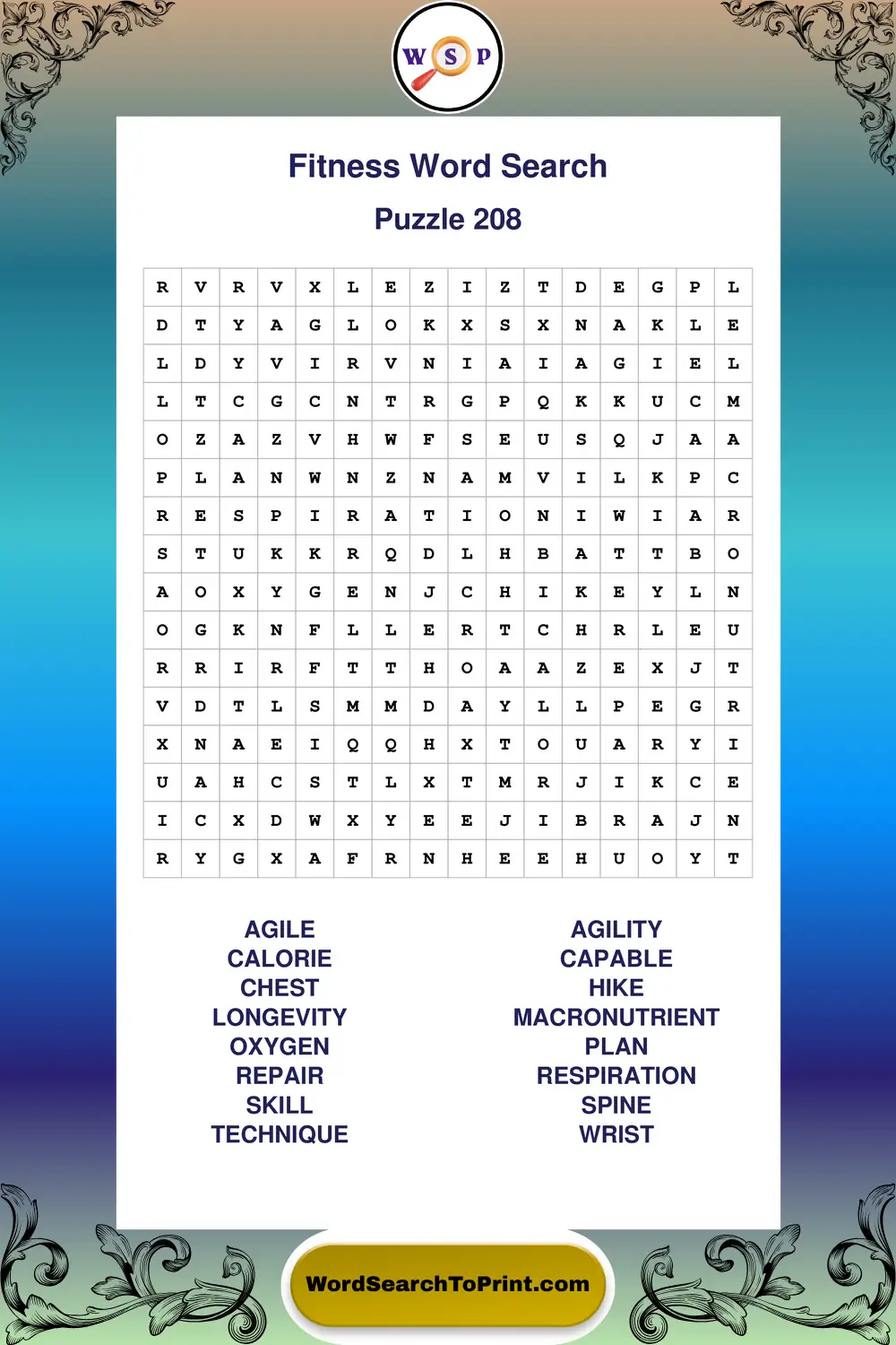 Fitness Word Search Puzzle 208