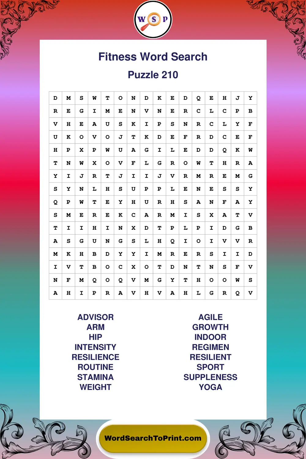 Fitness Word Search Puzzle 210