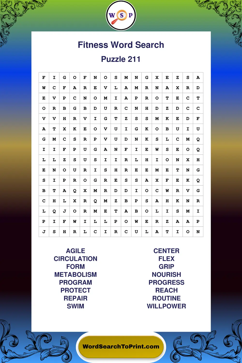 Fitness Word Search Puzzle 211