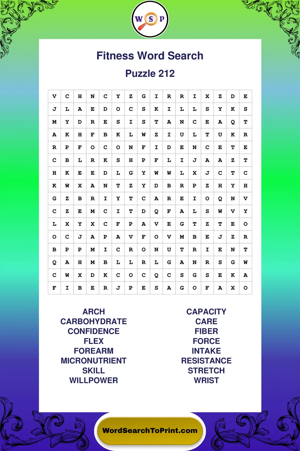 Fitness Word Search Puzzle 212