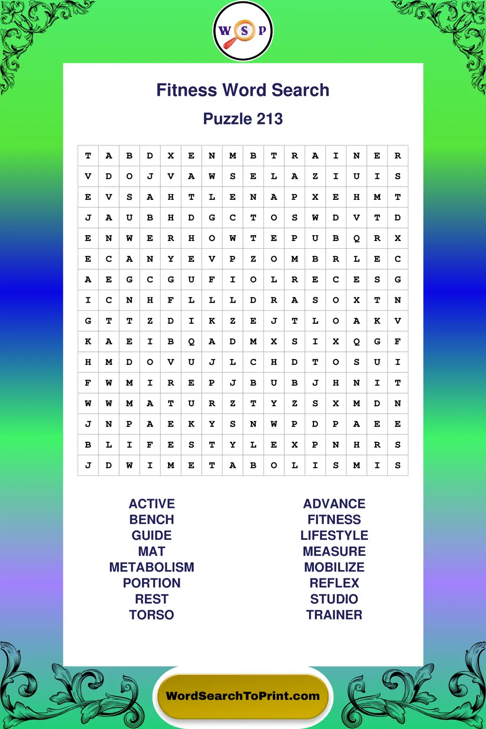 Fitness Word Search Puzzle 213
