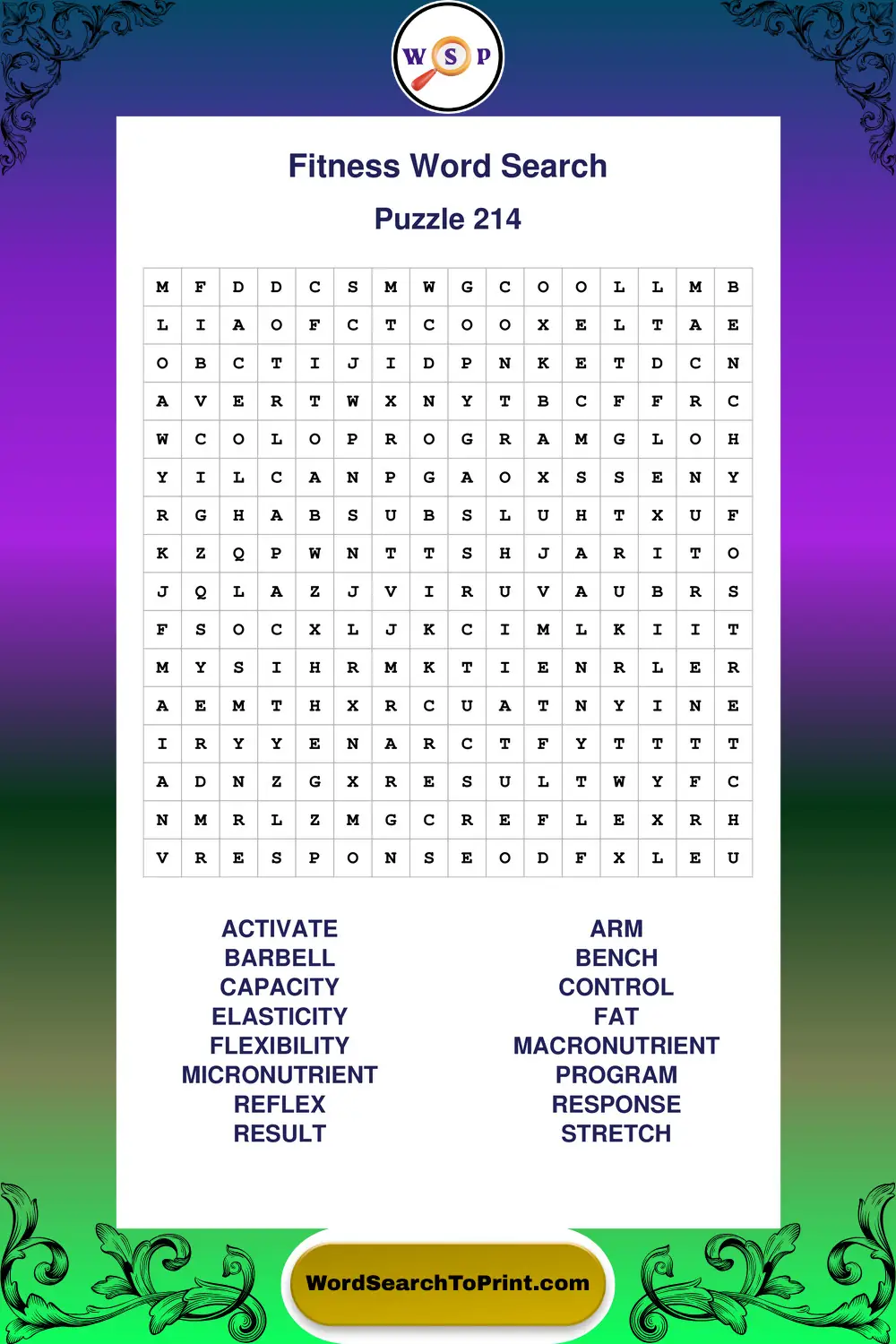 Fitness Word Search Puzzle 214